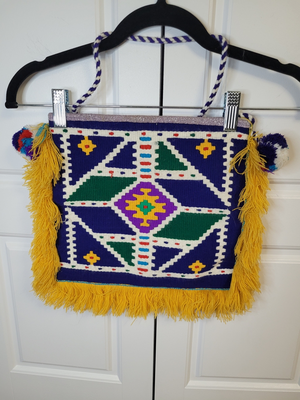 Boho Kilim Style Handwoven Geometric Crossbody Bag - Fringe & Pom Poms EUC